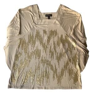 Dana Buchman Women’s Short Sleeve Blouse size S, Beige w Bling Golden Sequin